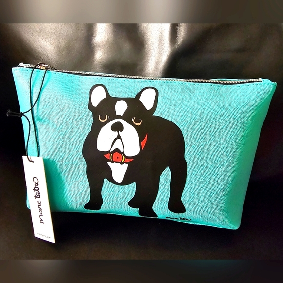 Marc Tetro Handbags - Marc Tetro Aqua French Bulldog Pouch Makeup Bag NWT